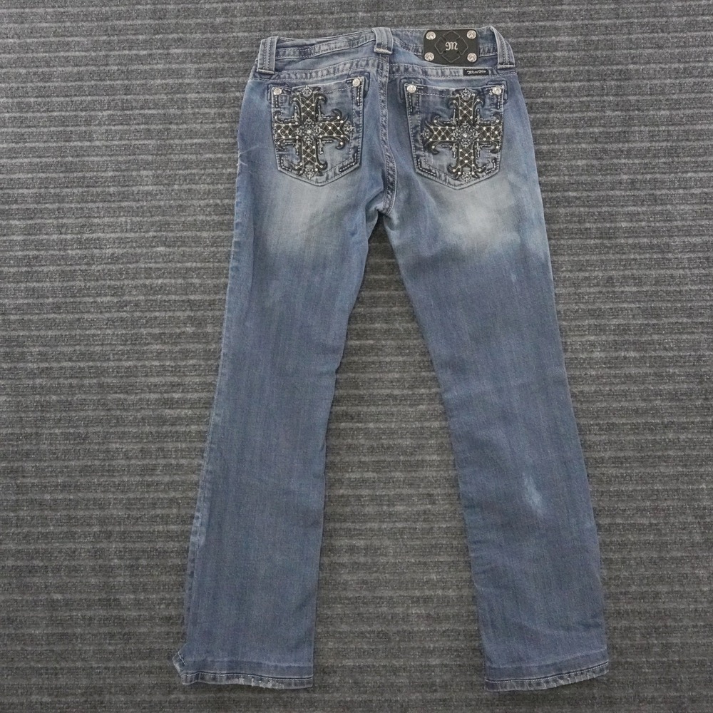 Miss Me Bootcut Jeans Womens 29 Blue Cross Embroidered Rhinestone Low Rise